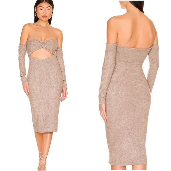 LOVERS + FRIENDS Echo Knit Strapless Cut Out Beige Dress